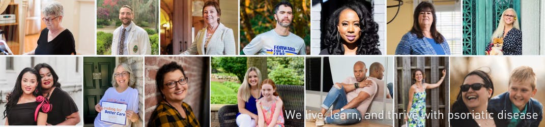 A collage of images of people living their lives with psoriatic disease. A caption says "We live, learn, and thrive with psoriatic disease"