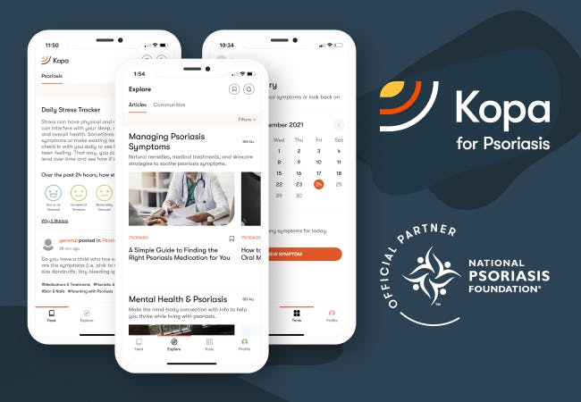 Screenshots of the Kopa mobile application with the Kopa for Psoriasis and National Psoriasis Foundation logos.
