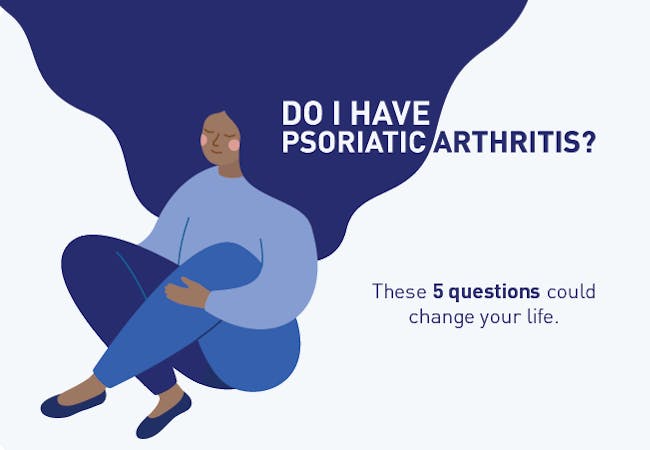 A graphic of a woman sitting with the text "Do I have psoriatic arthritis? These 5 questions could change your life."