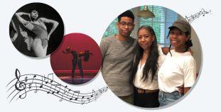 Sharon Pryor is shown with her family and dancing in several performances, with a graphic of musical notes. 