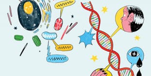 Cartoon illustration of colorful images representing disease and science.