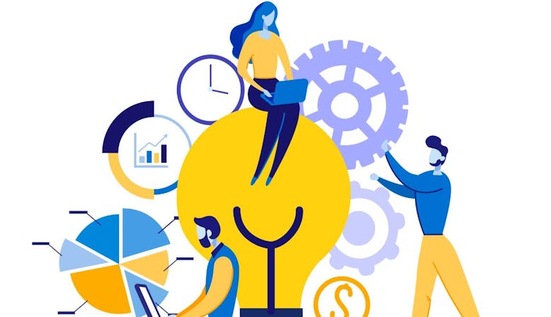 A graphic of people with gears, charts and a large lightbulb.