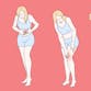 Illustration of three women experiencing pain on stomach, knee and back