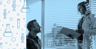 A man sits and discusses with his doctor in an office, accompanied by research illustrations.