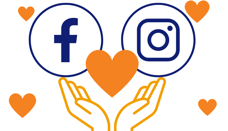 Facebook and Instagram icons surrounded by hearts with "giving hands" below.