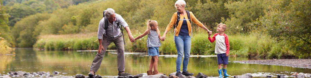 A family hold hands in nature. 