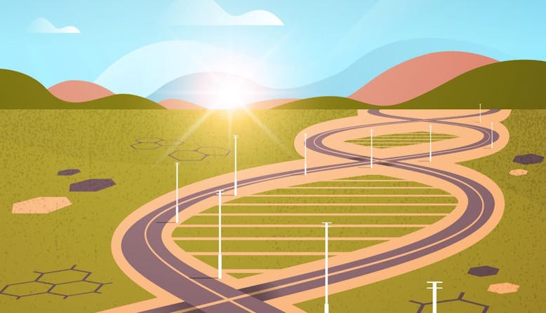 Graphic of two winding roads that form the shape of DNA.