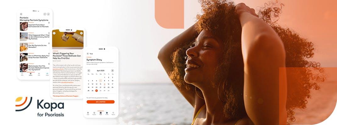 A woman smiles at the beach with Kopa app screenshots in the background.