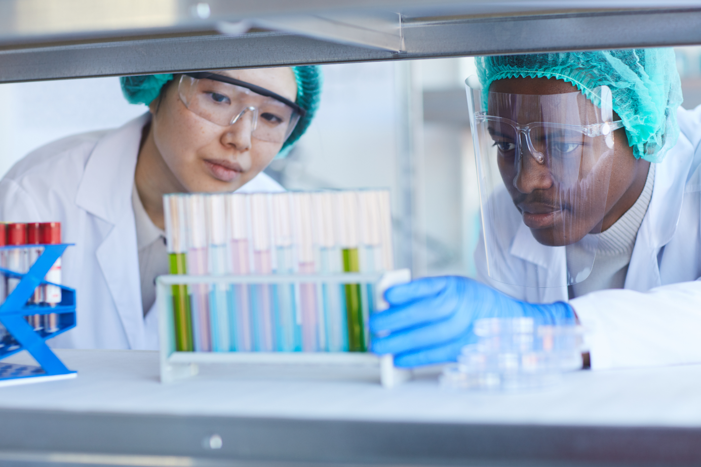 Two researchers looking at vials in a lab