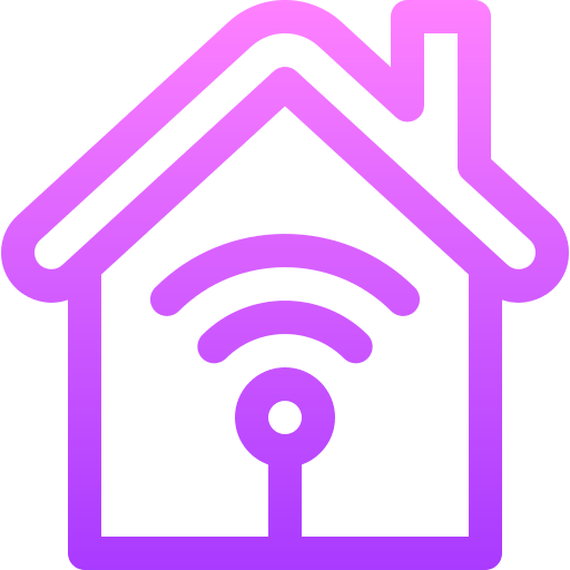 Desenho rosa e roxo com casa e símbolo de Internet.
