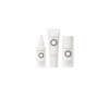 White bottles of Nutrafol Exfoliating Mask, Root Purifier Shampoo, and Stress Reliever Essence.