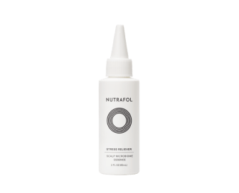 White bottle of Nutrafol Stress Reliever Essence with white opaque product shown behind the bottle.|Nutrafol Stress Reliever Essence