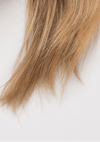 A close-up of moisturized blonde hair with smooth ends after using Strand Defender Conditioner.