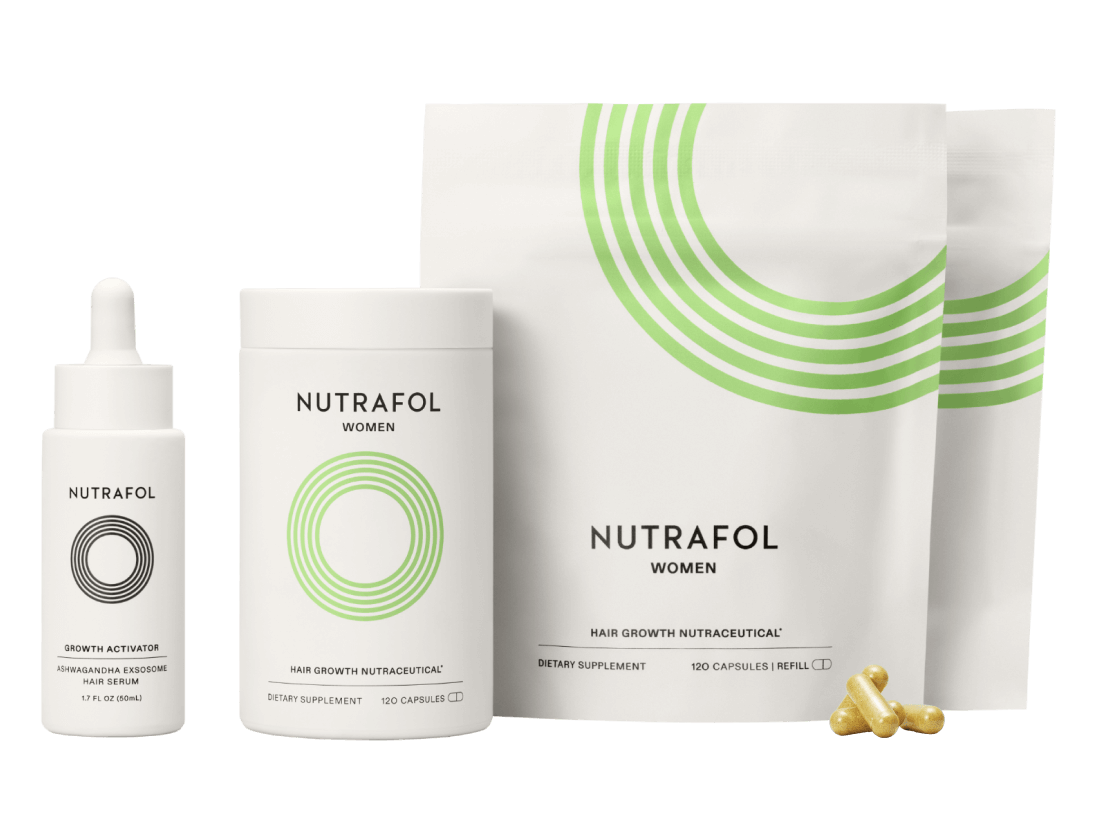 A bottle of Nutrafol Women, next to a Nutrafol Women refill pouch, next to Growth Activator Serum in a black dropper bottle.