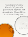 Two petri dishes showing conditioner ingredients, one with Ximenia Oil, Aspergillus & Arginine, the other with Glucose Fibers.