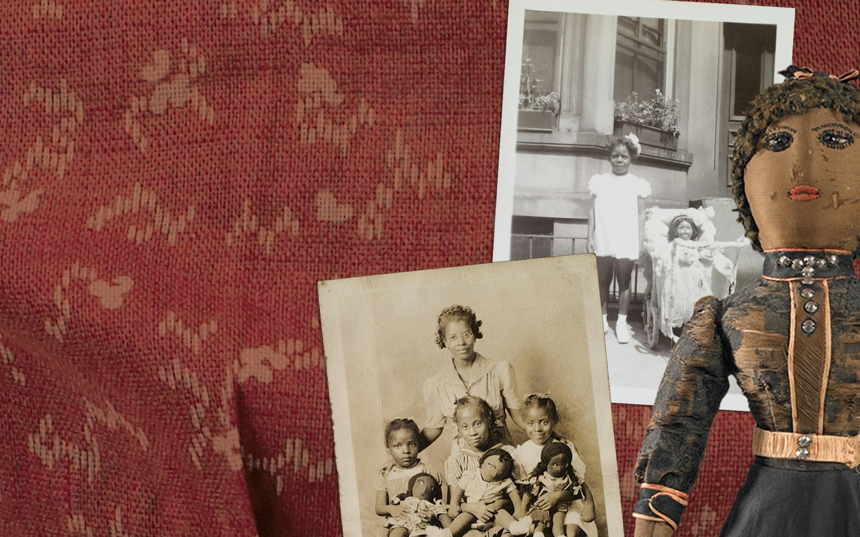 key art for Black dolls, featuring a vintage doll and black and white photographs on a red background
