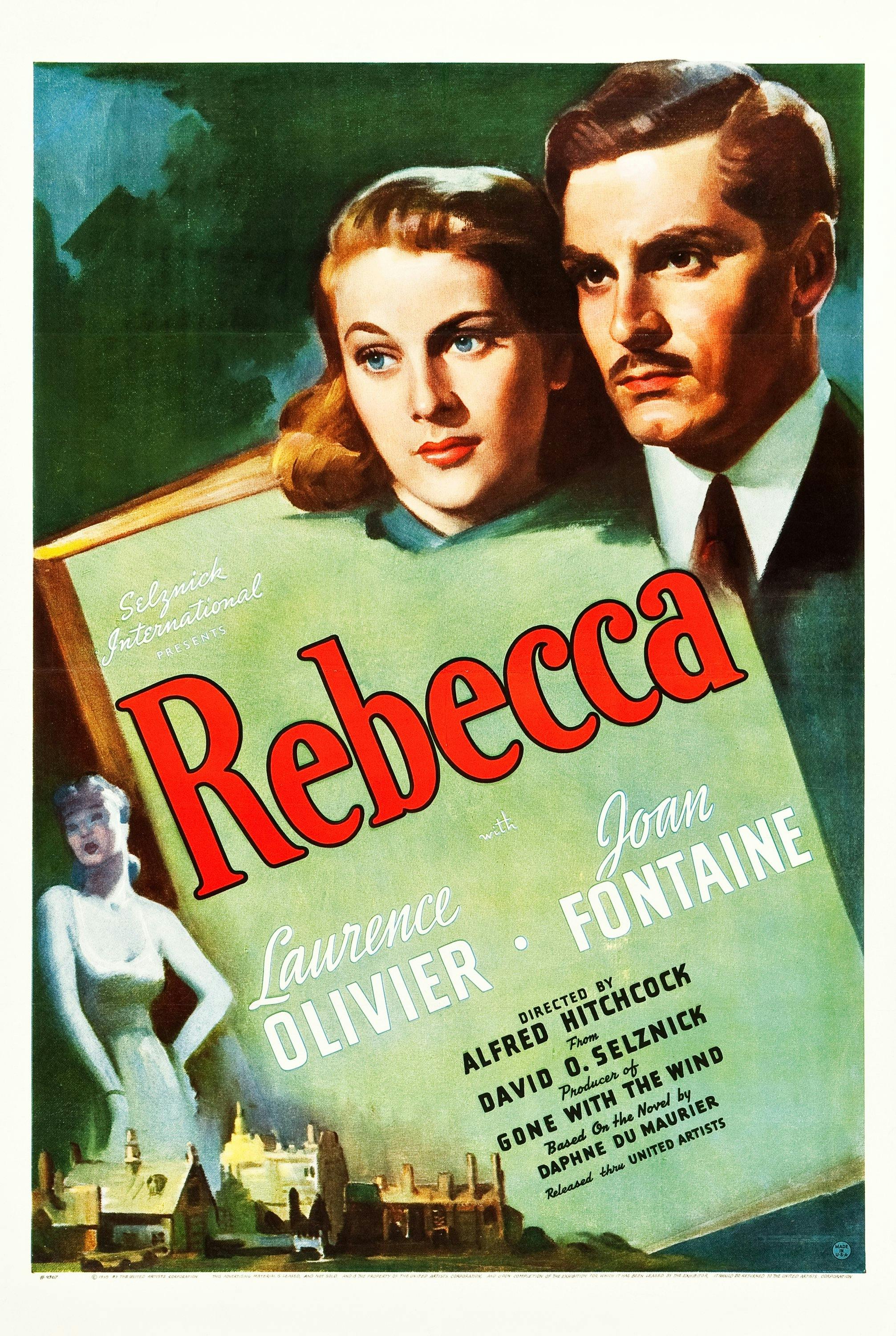 poster for the 1940 movie from director Alfred Hitchcock, rebecca starring Laurence Olivier and Joan fontaine