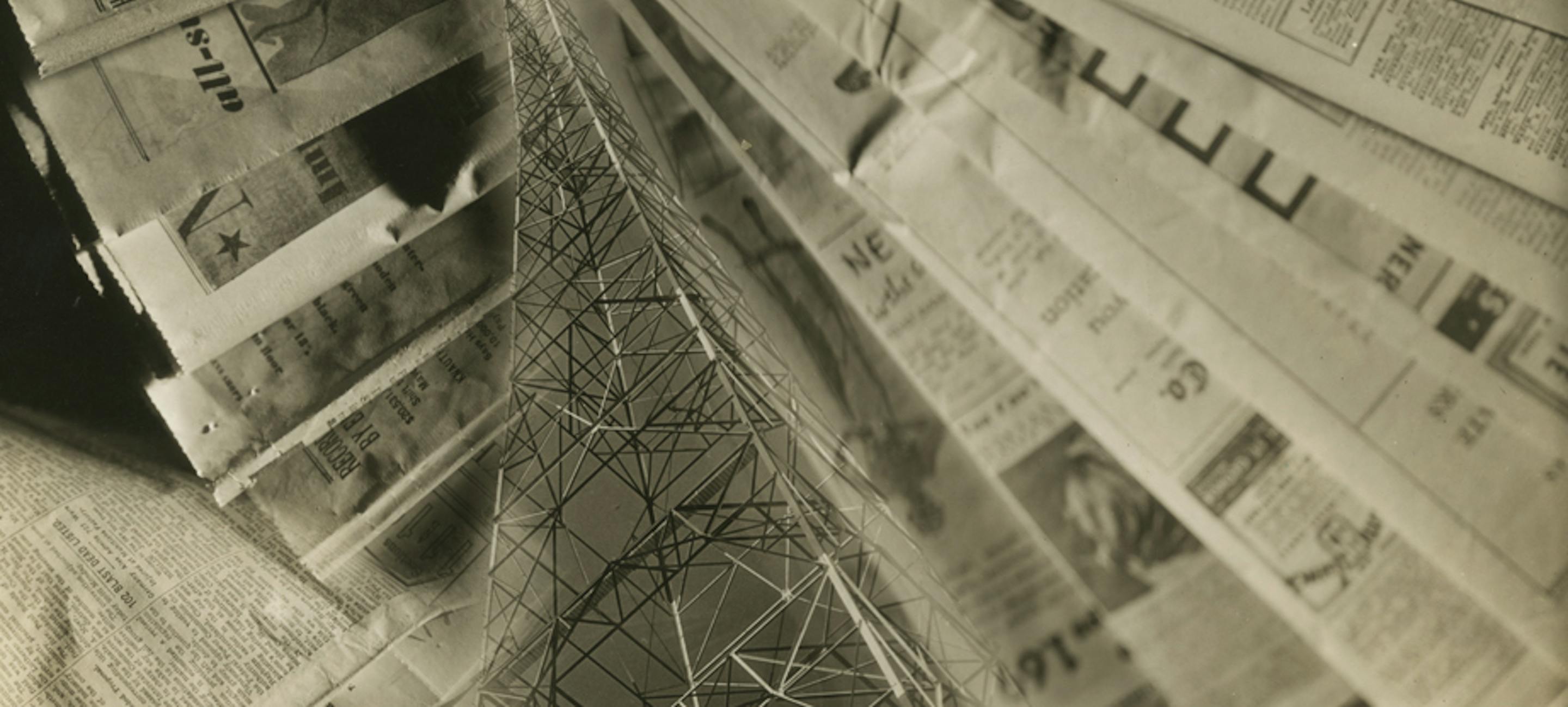 a montage of newspapers and a radio tower in black and white
