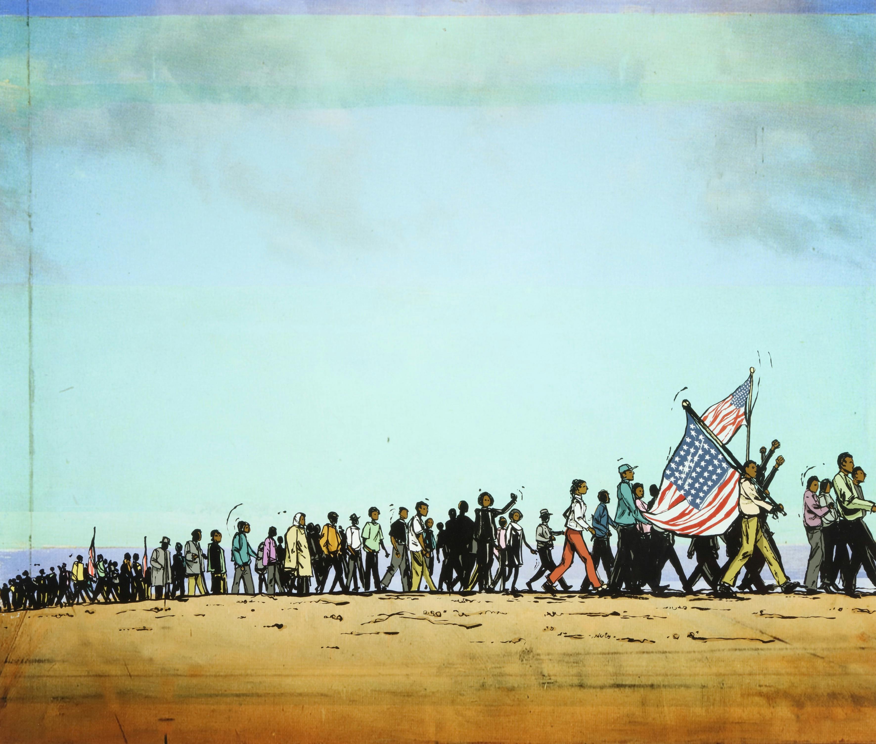 A PJ Loughran illustration from Turning 15 on the Road to Freedom: My Story of the 1965 Selma Voting Rights March by Lynda Blackmon Lowery, showing a long line of marchers against a blue sky