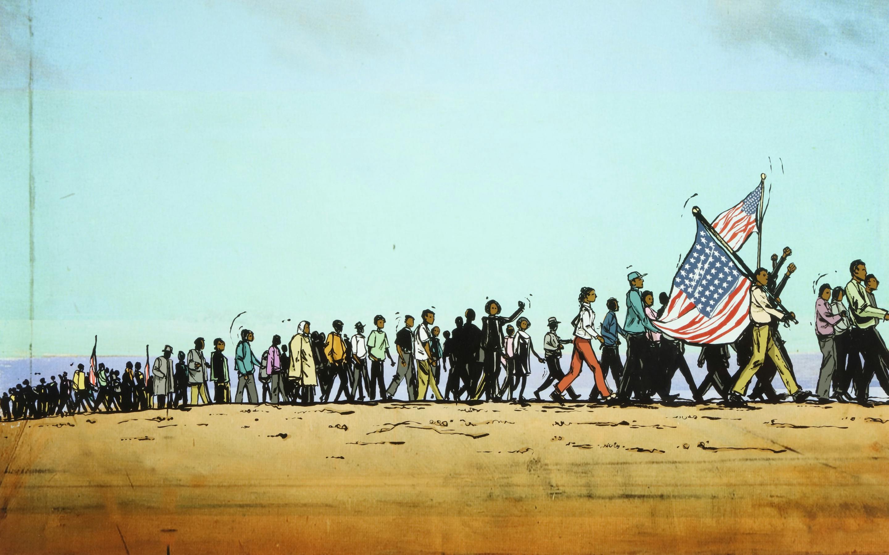 A PJ Loughran illustration from Turning 15 on the Road to Freedom: My Story of the 1965 Selma Voting Rights March by Lynda Blackmon Lowery, showing a long line of marchers against a blue sky