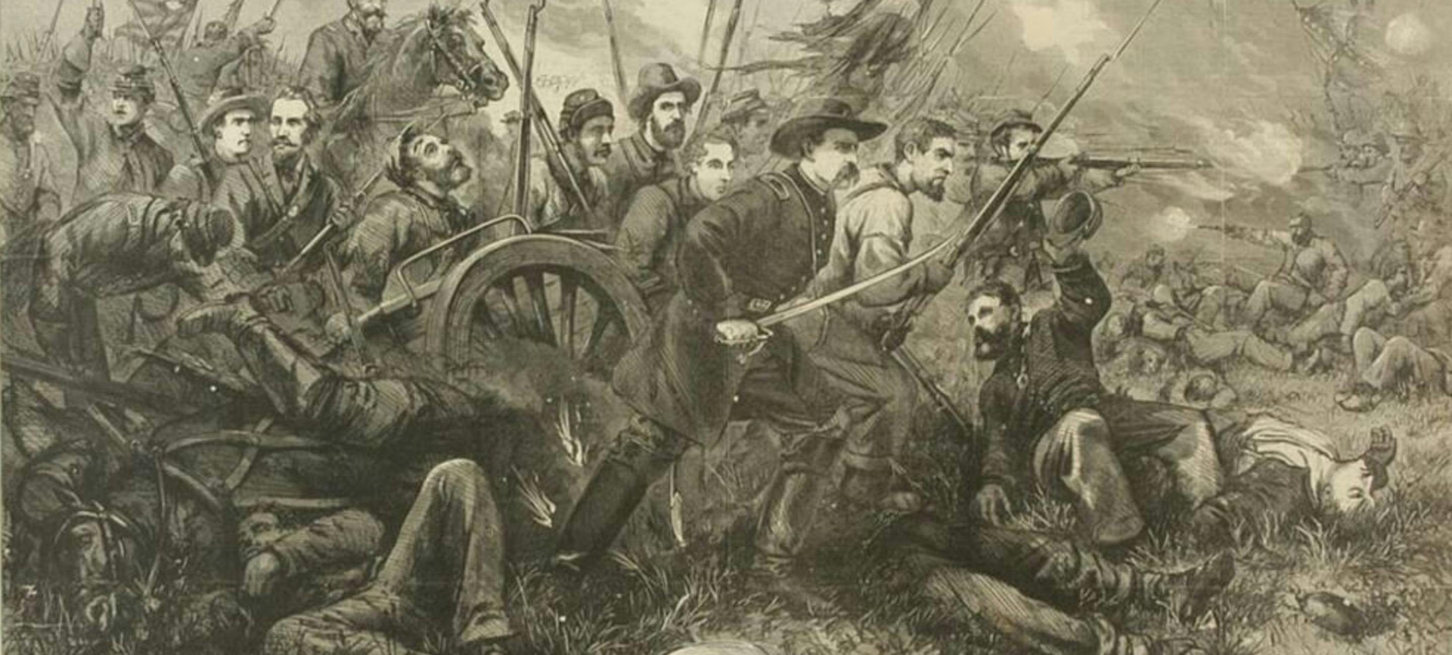 a thomas nast illustration showing the forward movement of a union brigade during battle