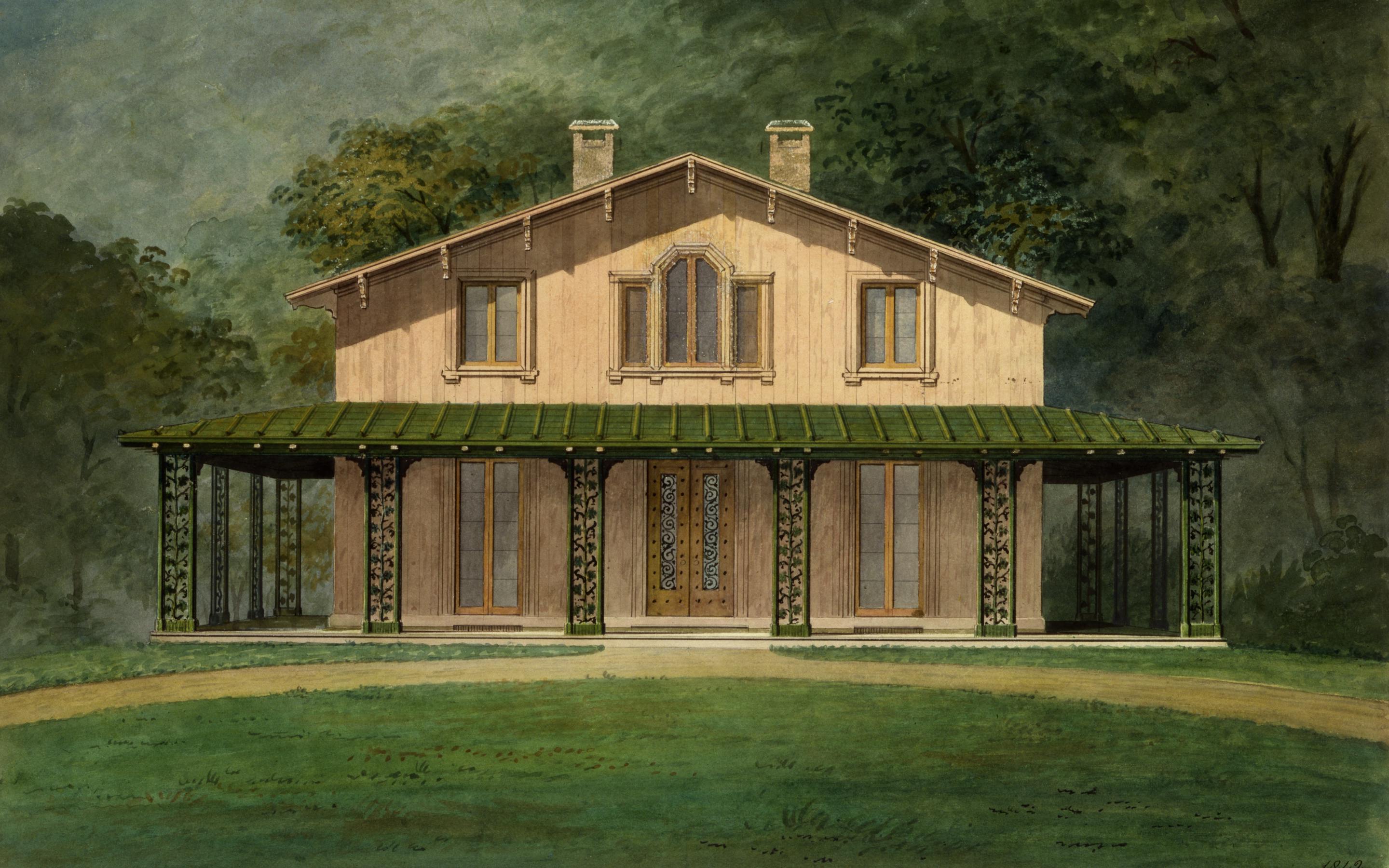 A watercolor stuff for a bracketed cottage with ornamental veranda from 1842