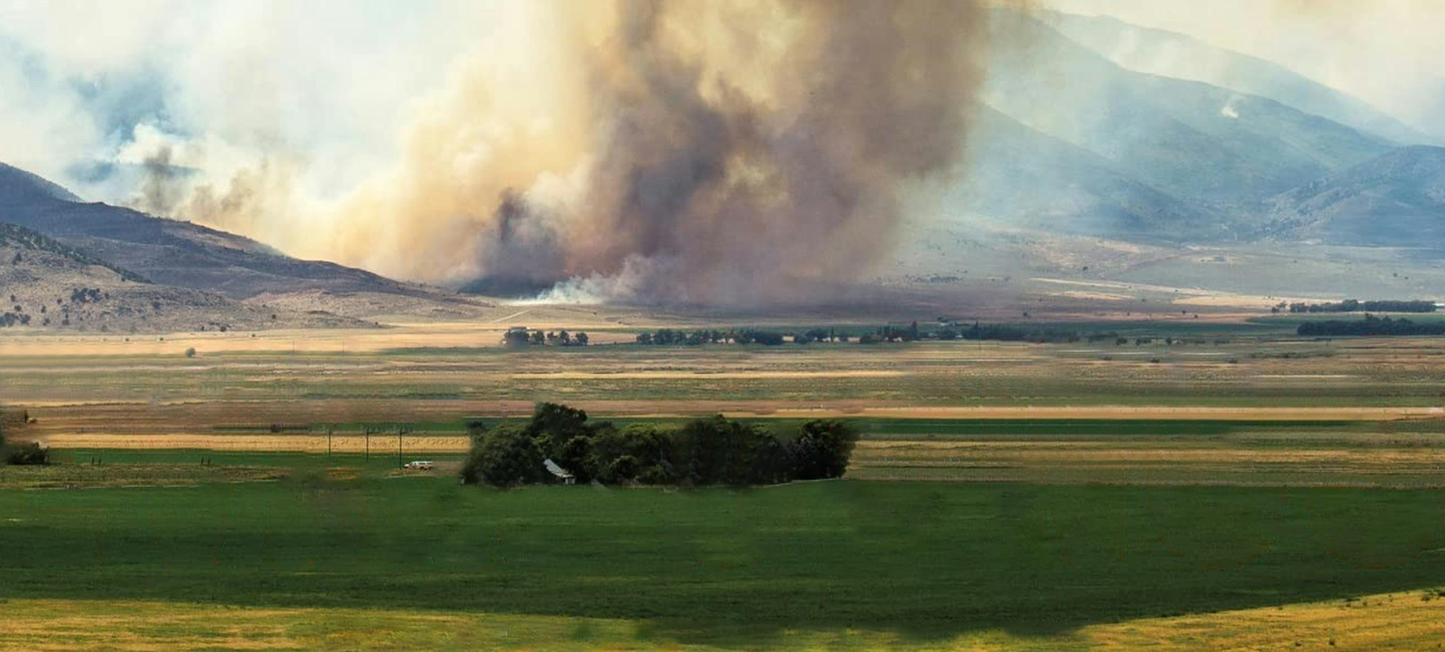 a scene of a wide-open prairie with mountains in the background and a raging column of smoke rising. 