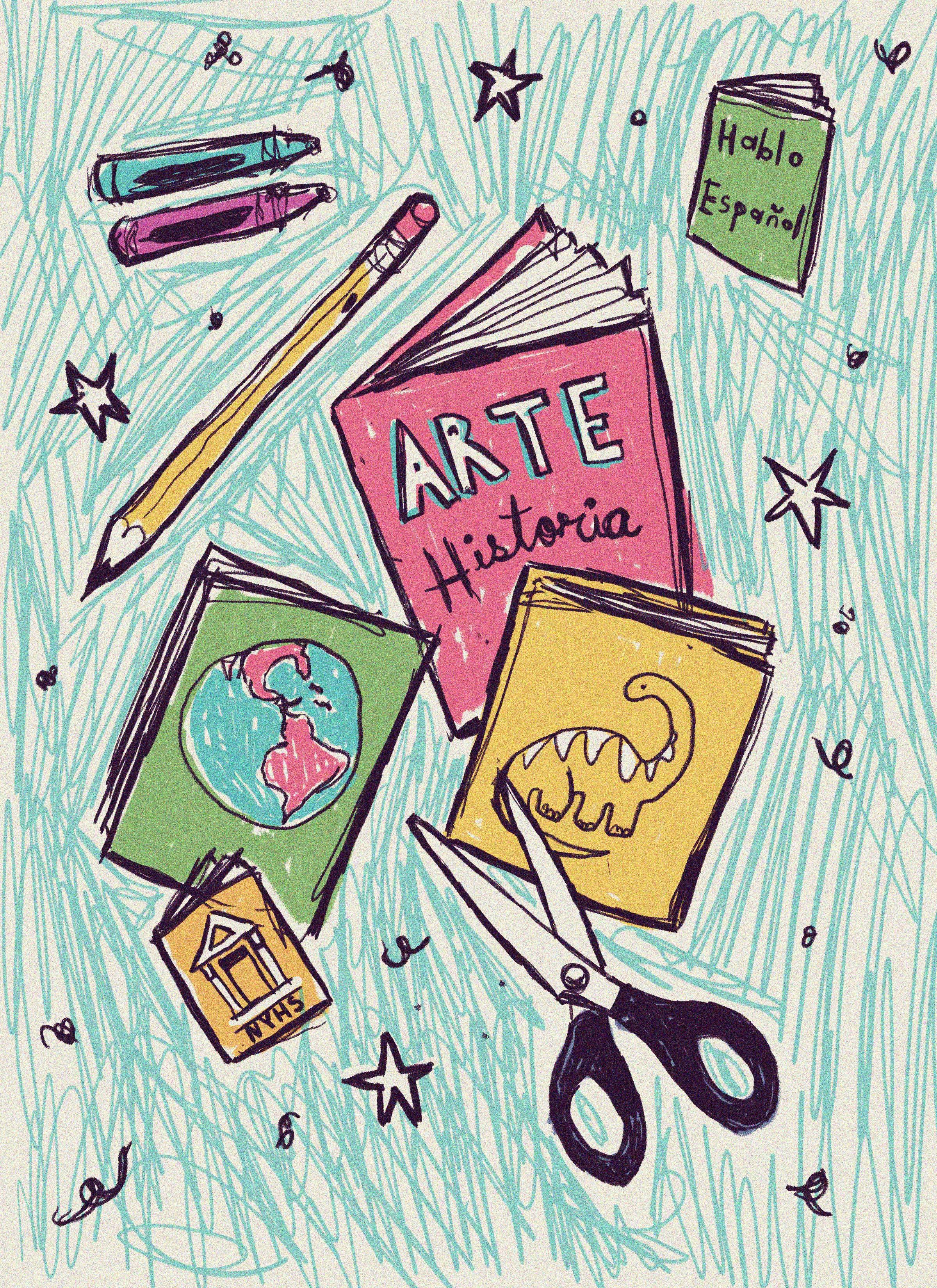 marker drawing of books and scissors