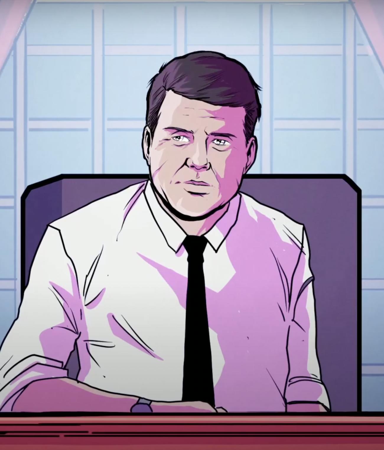a screen grab from the opening the oval series featuring an animated JFK in the oval office