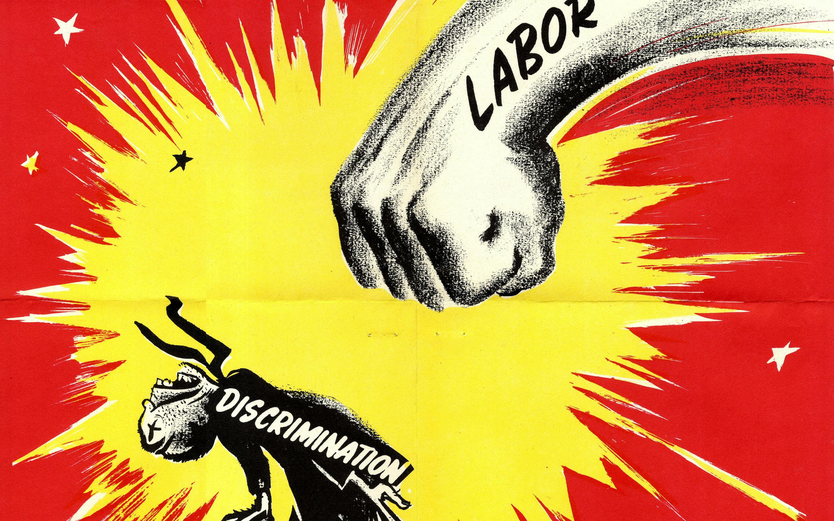 Detail of the Bernard Seaman poster for the American Jewish Committee, “Discrimination: Knock Him Out!”. Collection of the American Jewish Committee