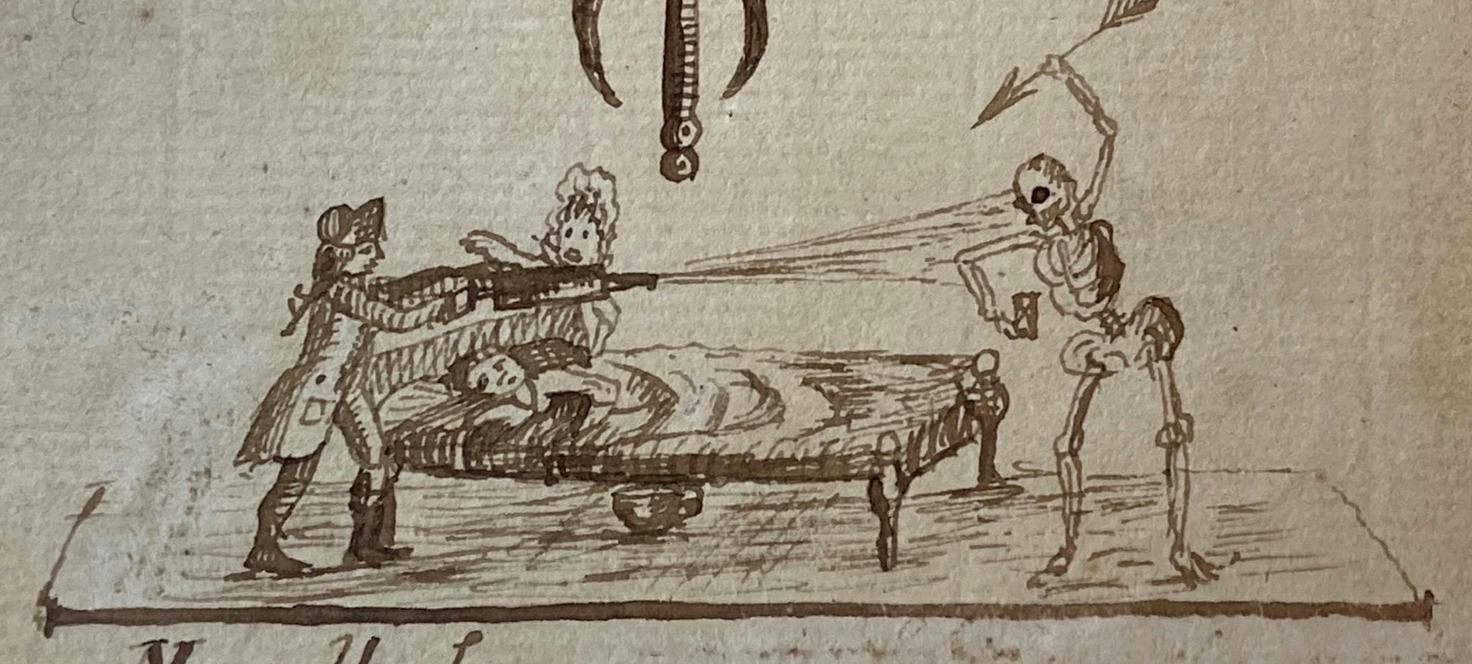 a pen drawing of death at the foot of a bed and a doctor battling him. 