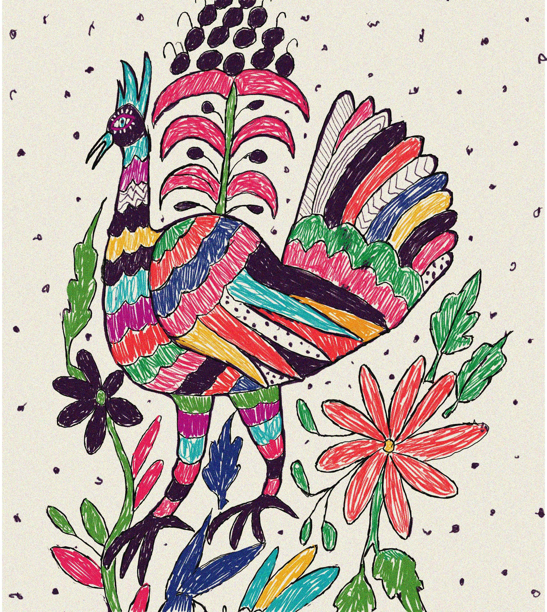 a marker drawing of a colorful bird and foliage
