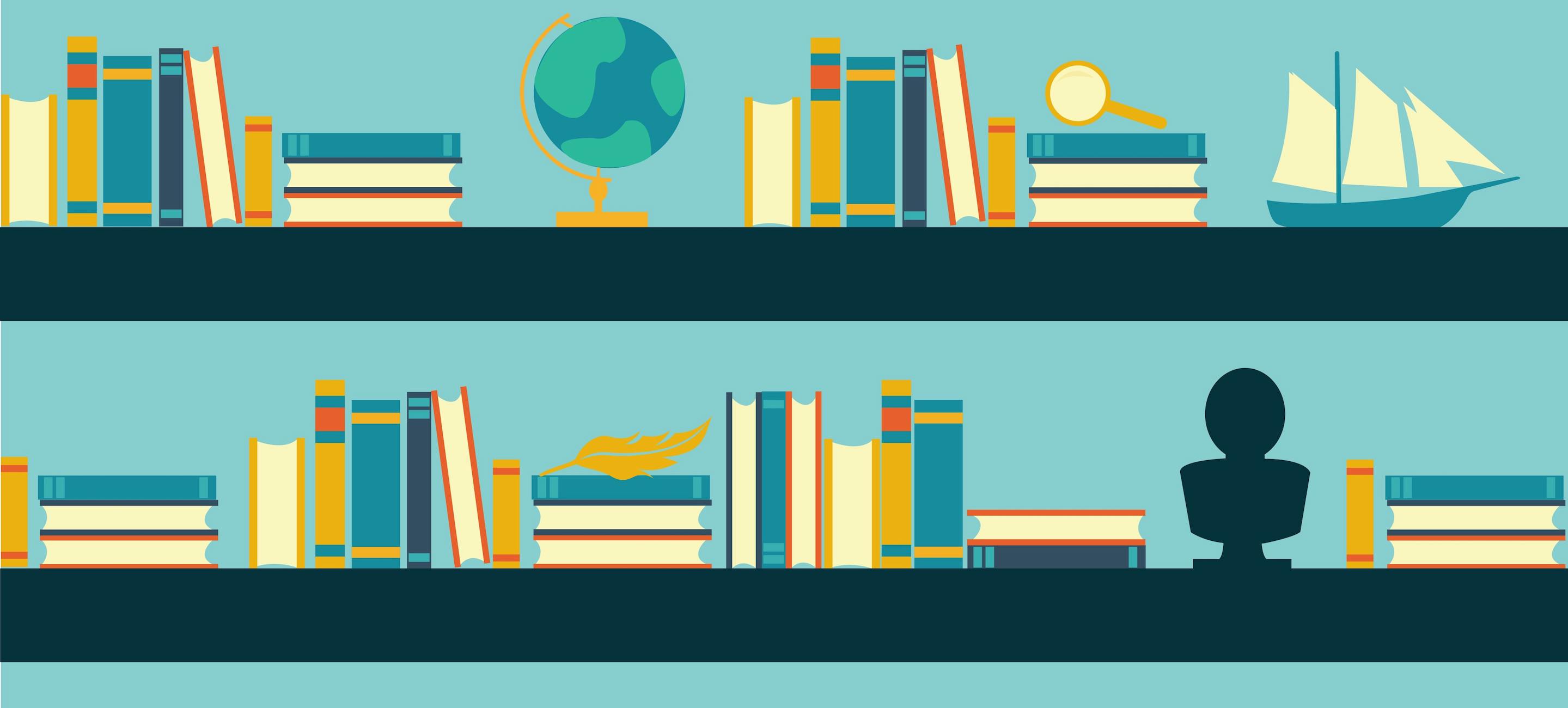 reading into history header showing a bookcase with books and objects on it