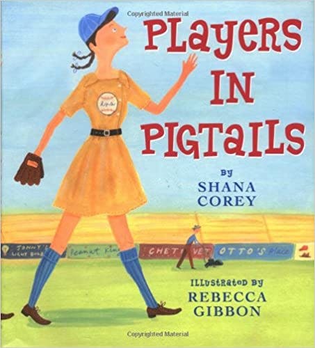 book cover of Players in Pigtails featuring a drawing of a female baseball player