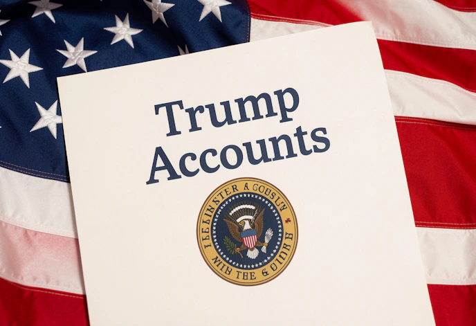 A sheet of paper titles "Trump Accounts" with presidential seal, with a backdrop of a US flag
