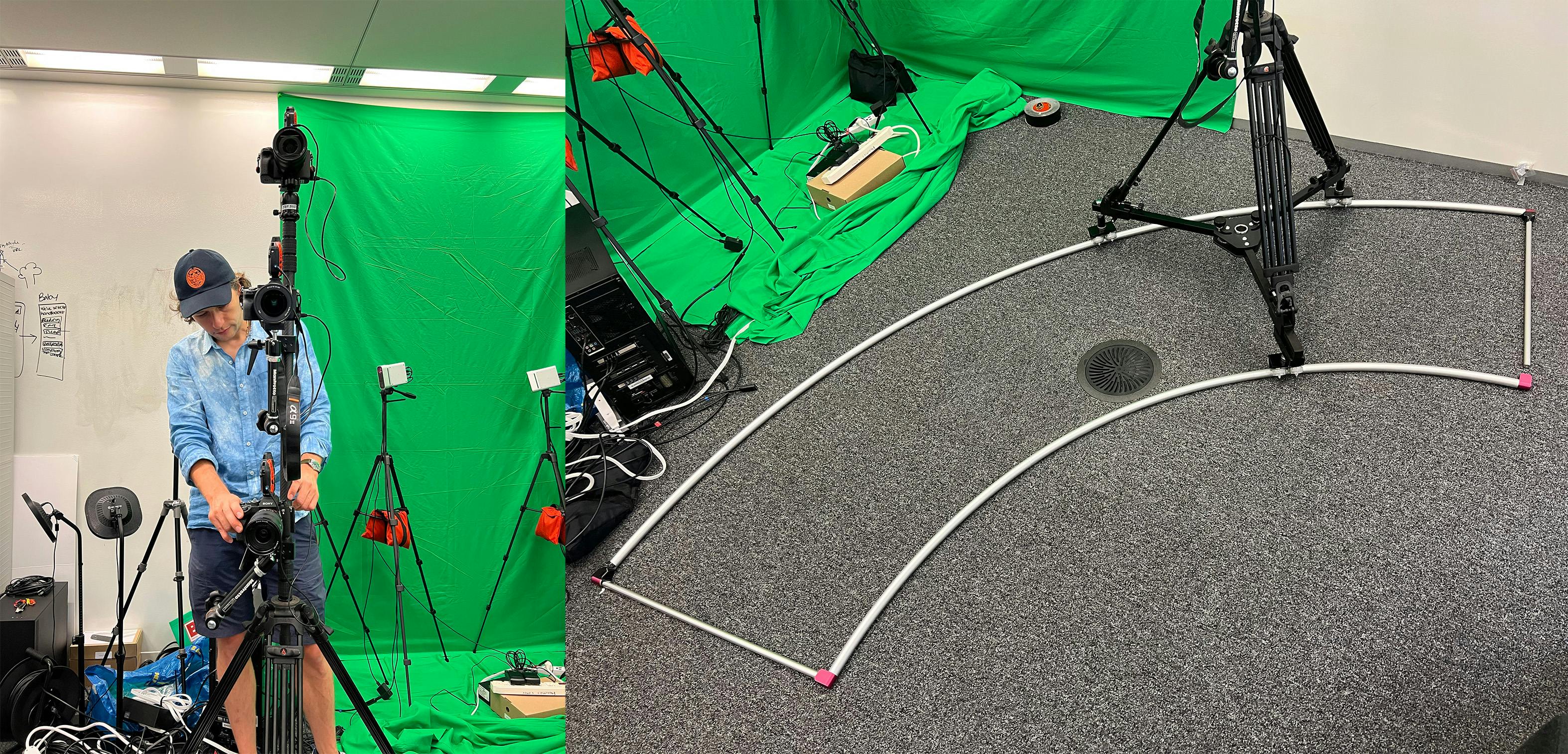 Left image is a man adjusting a camera rig in front of a green screen. Right image is a photo of the floor, where a the camera tripod is placed on a curved dolly track