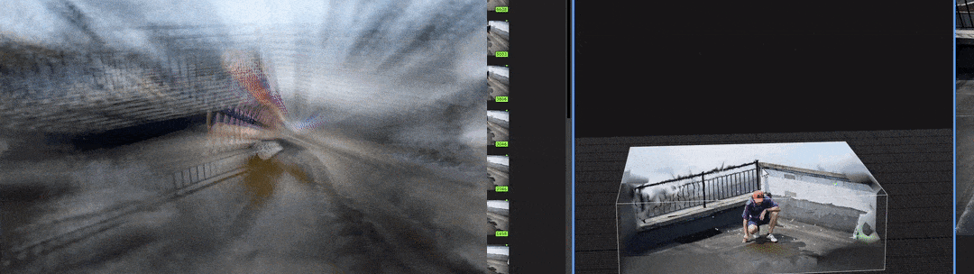 Left video shows a photorealistic 3D model in motion of a man crouched on a rooftop. The video is slightly shrouded in a cloud-like texture. The right video shows the 3D model being manipulated in a computer program.