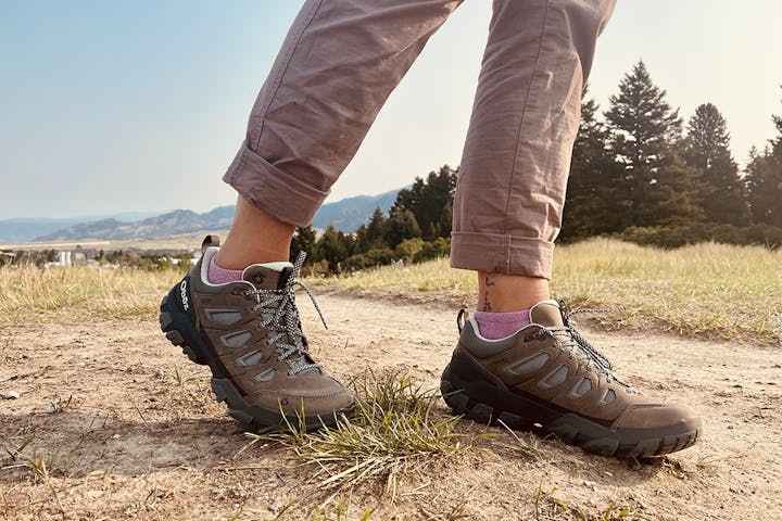 A person hiking in the Oboz Sawtooth X Low on Peet's Hill in Bozeman.