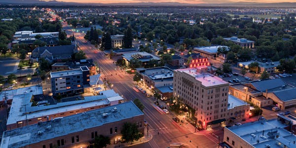 Downtown Bozeman, Montana home to Oboz Footwear, on a summer evening.