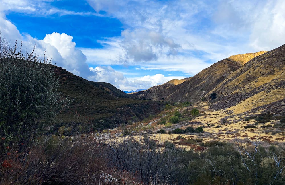 Beautiful blue skies on and landscape views on the Sespe River Trail .