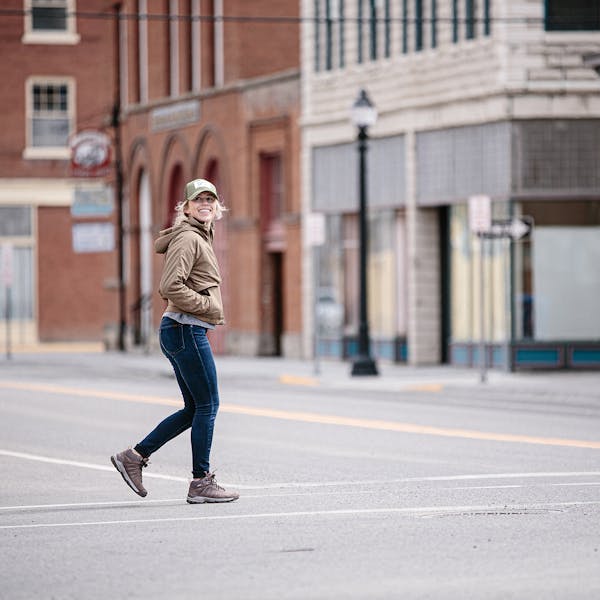 Strolling up Bozeman's Main Street in the Oboz Sypes Mid boots.