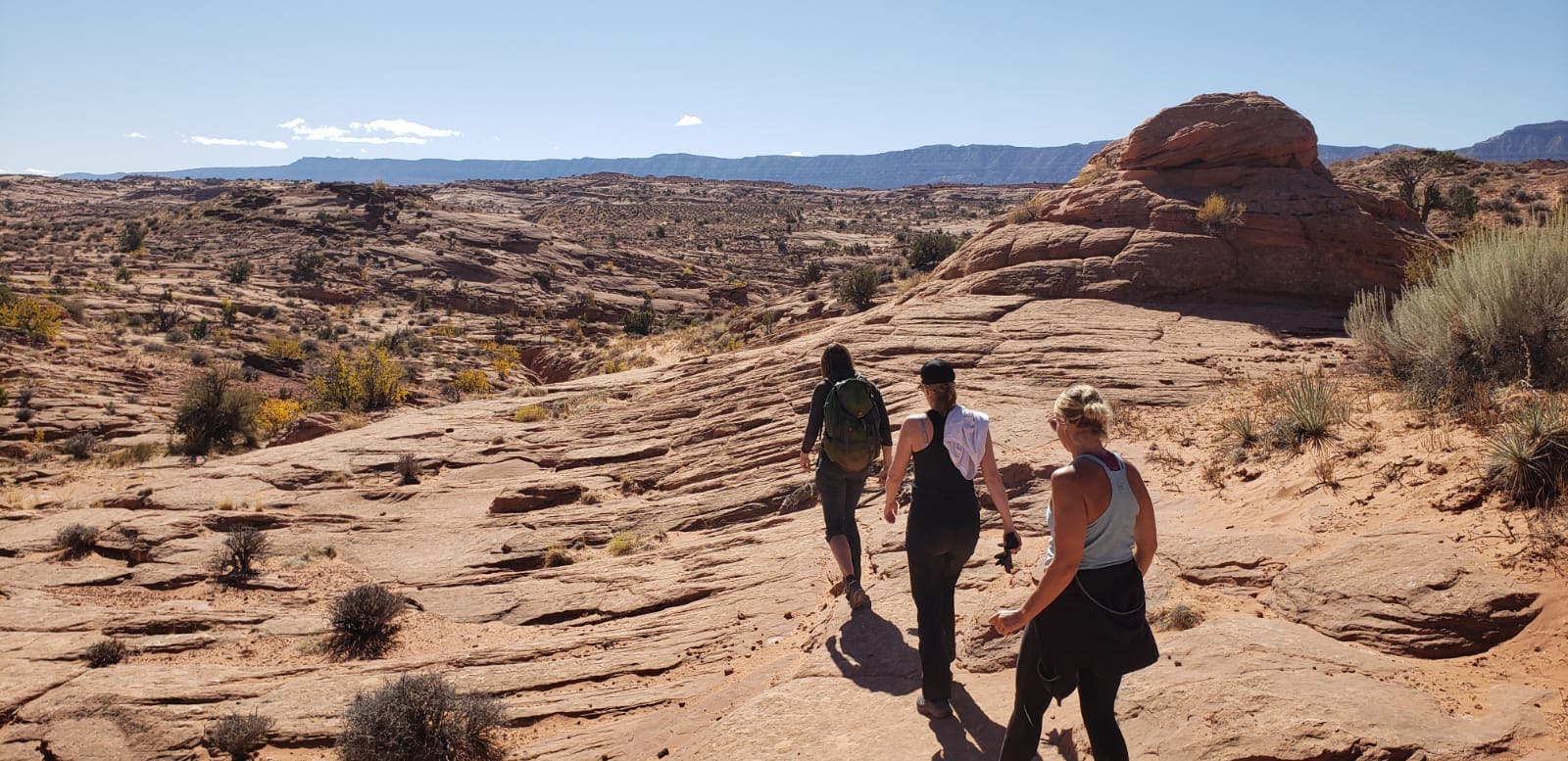 Three hikers trekking through the desert