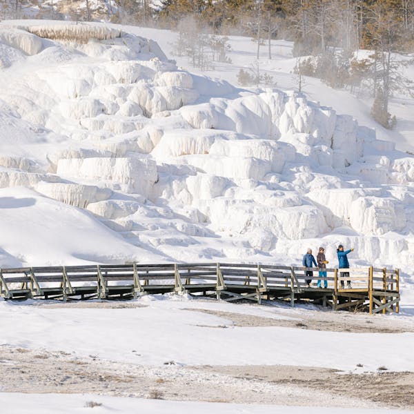 Three friends on a wooden boardwalk in front of Mammoth Hot Springs in Yellowstone National Park.