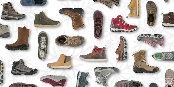 Collage of various Oboz styles of hiking boots, winter boots, and casual boots