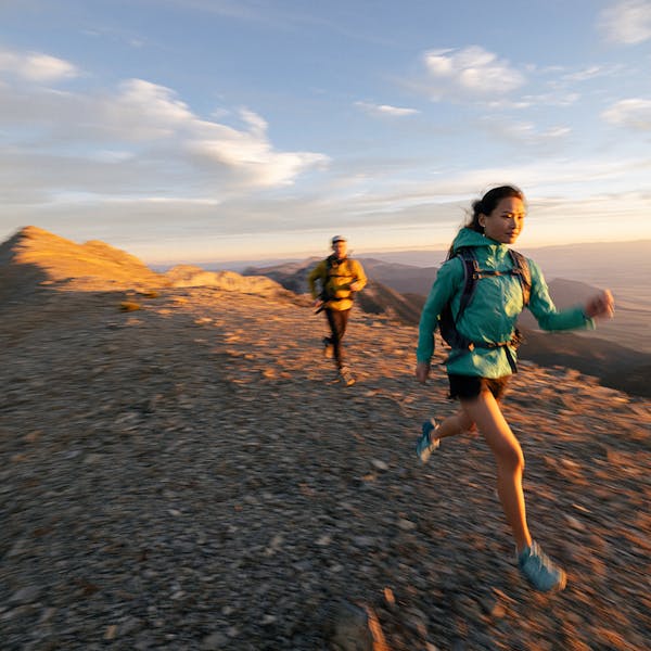 Moving fast and light on a mountain ridge in the Katabatic Mid Waterproof hiking shoes.