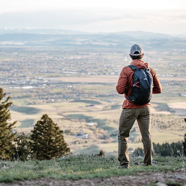 Hiker enjoying a view of the Gallatin Valley in the Sypes Low Leather B-Dry shoes.