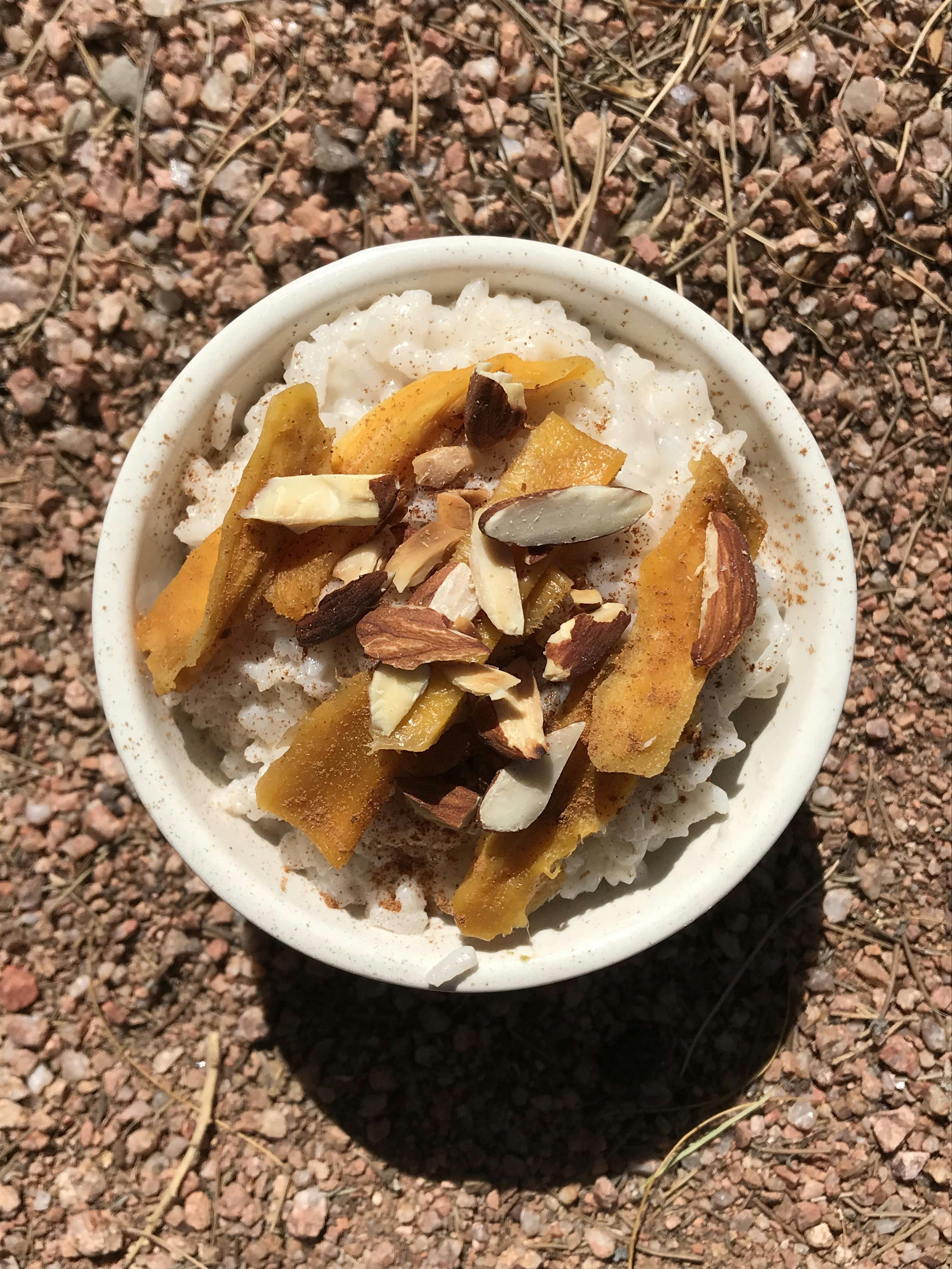Mango Coconut Rice for breakfast on a camping trip.
