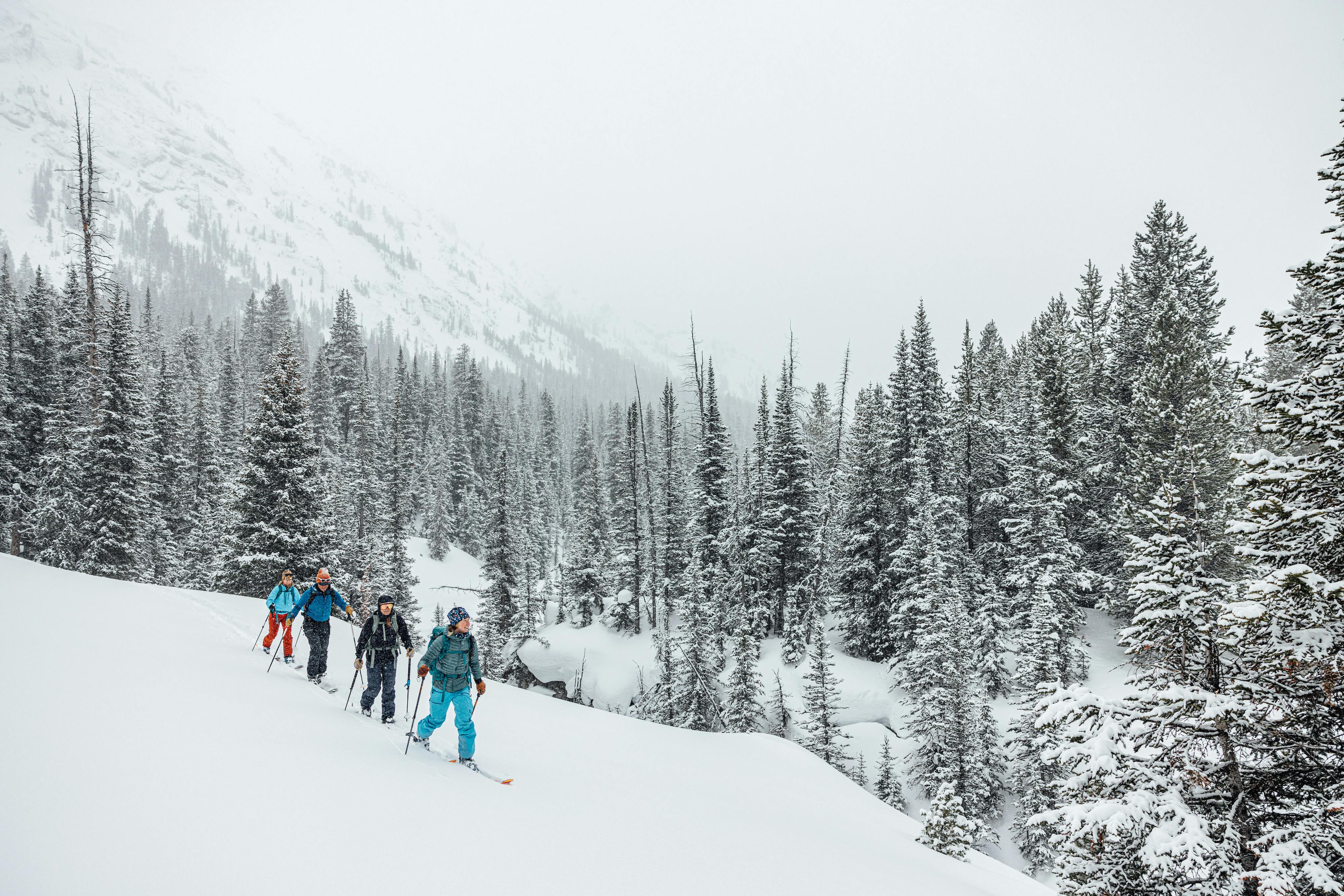 Skiers touring across a snowy mountain landscape in Cooke City.