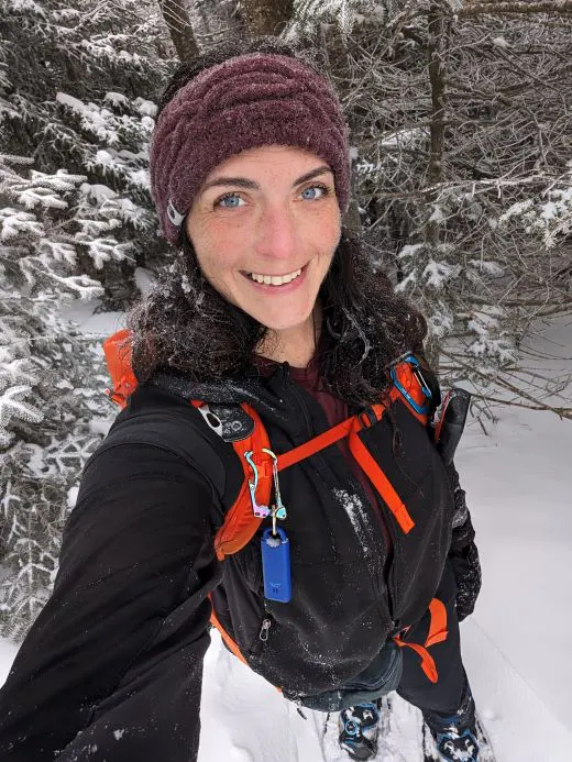 Mel Elam on a winter hiking adventure in her Oboz hiking shoes.