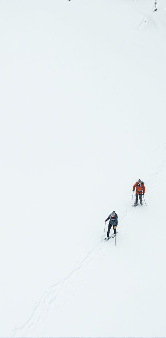 Two people snowshoeing in the backcountry on aTwo people snowshoeing in the backcountry on an overcast day.n overcast day.